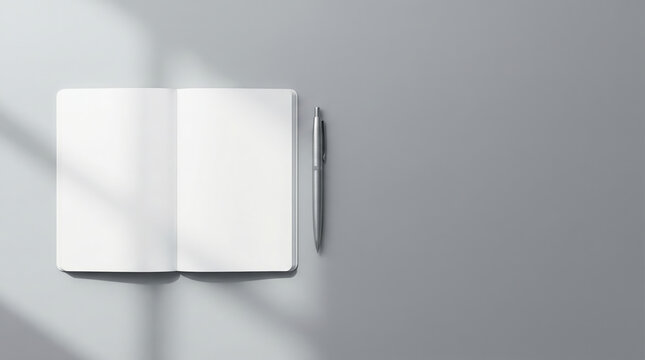 Open notebook blank page pen stationery sunlight shadow minimal workspace gray background copy space open notebook blank page pen stationery