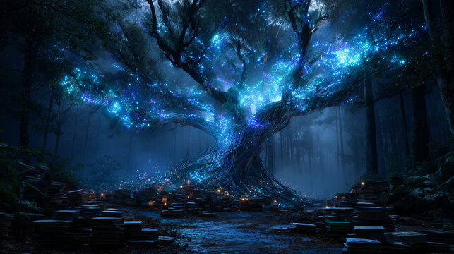 Enchanted Bioluminescent Tree with Glowing Particles Among Stacked Books in Forest
