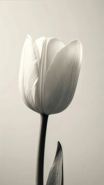 チューリップ Tulip 185 Single White Tulip in High-Key Monochrome with Soft Backlighting（柔らかな逆光が包み込む白チューリップ一輪のハイキー・モノクローム）
