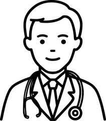 Obraz premium Hand Drawn Professional Doctor Wearing a Stethoscope Black and White Avatar Illustration in Minimal Line Art Style Design