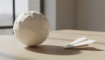 Naklejka premium A composition of a paper globe and a paper plane on a wooden desk, symbolizing global travel and strategic planning concept