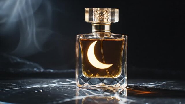 Elegant Night Fragrance. Luminous Perfume With Smoky Ambiance. Glamorous Perfume Bottle Bathed In Moonlight And Fog. Luxurious Scent Vessel Illuminated By Subtle Cinematic Lighting Effects