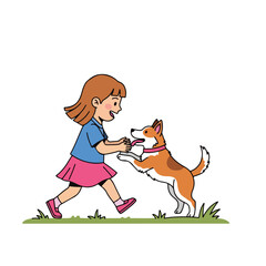 A girl and dog playfully interacting outdoors
