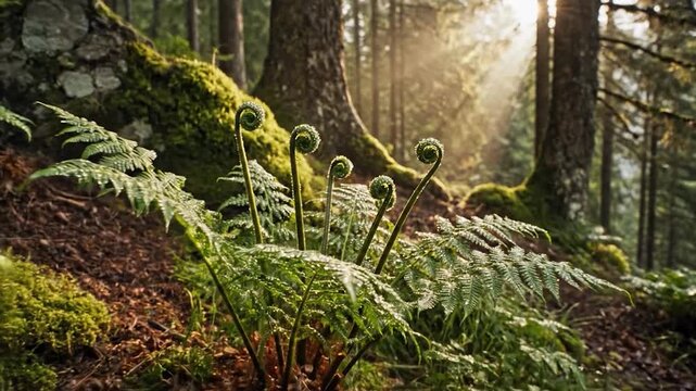 Sunlight illuminates lush green ferns and fiddleheads on a forest floor