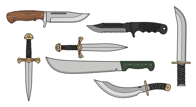 Various Knives Daggers and Machetes Vector Illustration Set