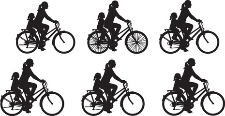 Obraz premium Black Solid Mother Child Cycling Silhouettes Set of Six on White Background