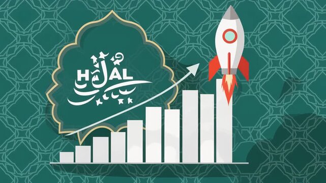 Halal industry growth chart with rocket launch symbolizing success.