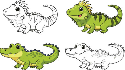 Naklejka premium Cute Iguana and Crocodile Character Set with Color and Line Art Versions, Tropical Reptile Mascot Vector Illustration for Kids.
