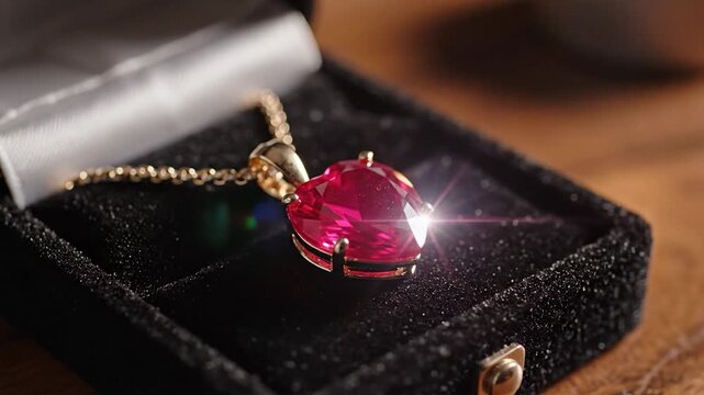 A heart-shaped gemstone pendant in a velvet jewelry box