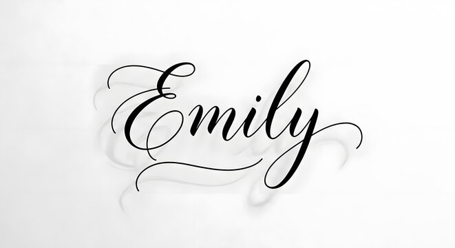 Elegant black cursive calligraphy of the female name Emily on a clean white textured background