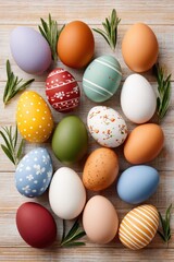 Obraz premium Colorful decorated Easter eggs arranged on wooden table with rosemary and spring patterns