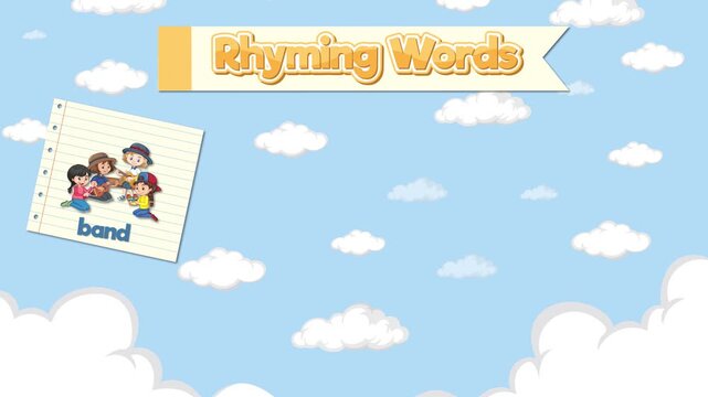 Educational Rhyming Word Cloud Animation with Illustrated Flashcards and Blue Sky Background