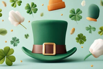 Obraz premium St. Patrick's Day background with green leprechaun hat, shamrocks and whimsical clovers