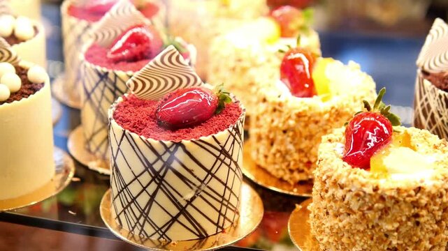 A close up view of delicious small round cakes with colorful toppings in a bakery or patisserie with shallow depth of field