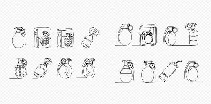 Set of continuous line art drawings of various grenades and explosive devices.