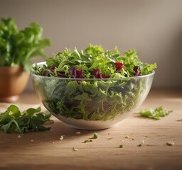 Fototapeta premium Natural light pours onto a biodegradable bowl filled with fresh salad greens, natural lighting, garden