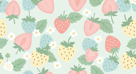 Colorful Strawberry Pattern with Pastel Hues and Floral Elements.