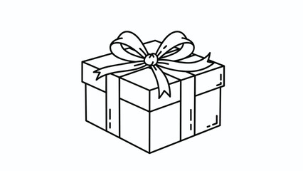 Obraz premium Simple black and white line drawing of a square gift box tied with a large decorative ribbon bow on top.