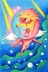 色鉛筆画 - 海中のエンジェル