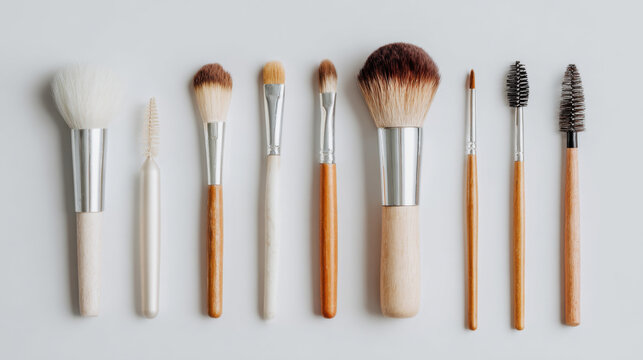 A collection of various makeup brushes arranged neatly on a plain surface