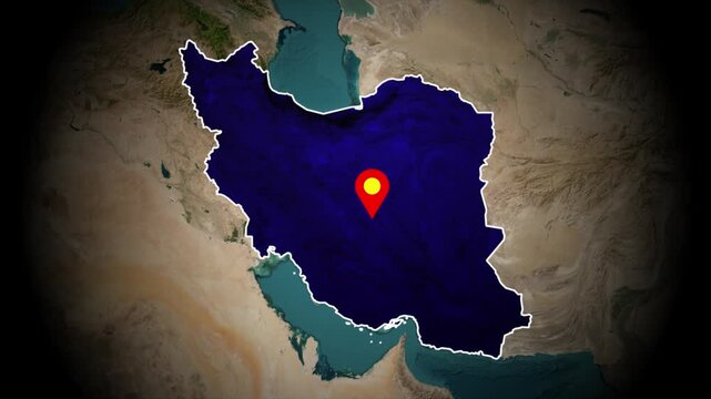 Iran map highlight animation with location pin marker, glowing country outline, Middle East geographic region infographic, political world map design