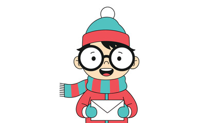Young boy wearing a red winter jacket blue hat and glasses holding a white envelope with a very happy expression.