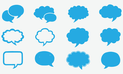 Fototapeta premium Collection of twelve blue speech bubble icons in various shapes and styles on a light gray background