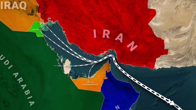 Strategic map of the Middle East featuring the Strait of Hormuz and shipping lines