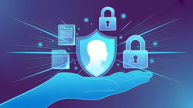 A secure digital network concept showing a stylized hand holding a glowing shield with a human profile documents and padlocks on a dark blue and purple background with data streams