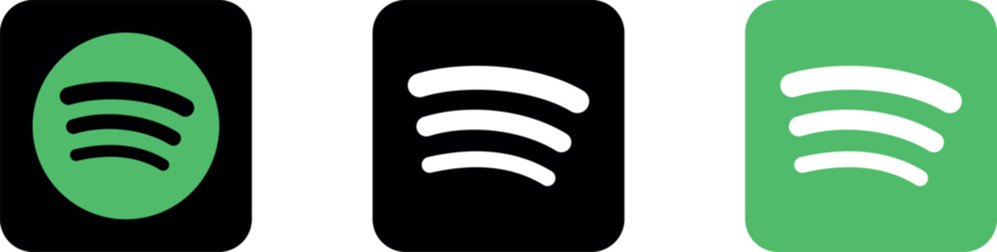 Spotify application logos. Set of five spotify icons in different versions. Social media logos. Spotify vector icons. Spotify icon illustration.