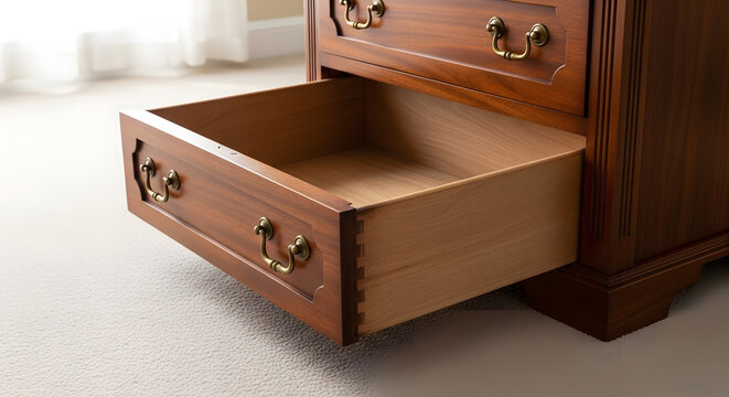 A close up shot of an empty open wooden drawer with classic brass handles on a carpeted floor