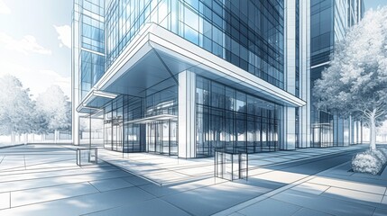 Modern Architecture Perspective Drawing of Urban Office Building