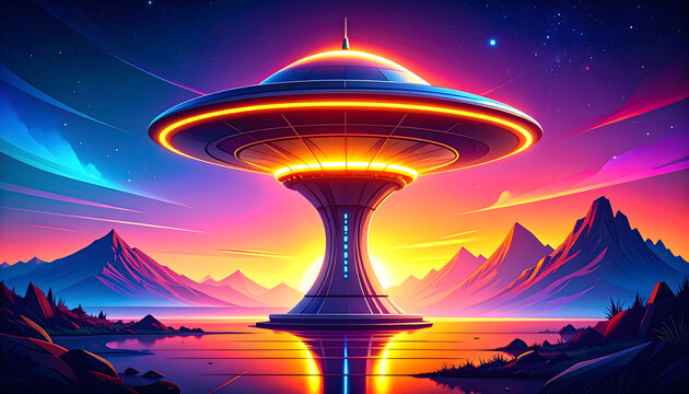 A futuristic UFO-like tower glowing with neon light stands in a serene alien valley at sunset, reflecting on calm water while dramatic mountains and colorful skies create a stunning sci-fi atmosphere.