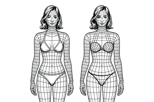 Wireframe woman in bikini and topless standing side by side