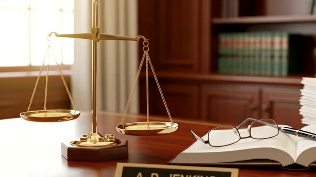 Lawyer Office Desk with Scales and Books.