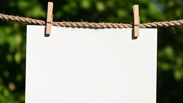 Blank white paper sheet hanging on a rope with wooden clothespins outdoors