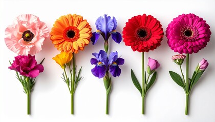 Fototapeta premium A vibrant row of blooming flowers in soft pink, bold red, sunny orange, and deep purple, beautifully arranged with fresh green stems and leaves in a detailed botanical display