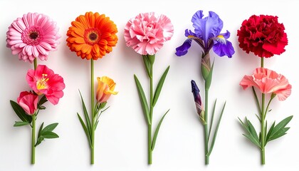 Fototapeta premium A lively row of colorful blooms in pink, orange, red, purple, and coral, each standing tall to display layered petals, graceful stems, and vivid textures against a crisp white backdrop