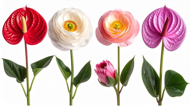 Vibrant anthurium and ranunculus blooms in red, white, pink, and purple stand gracefully with lush green leaves, showcasing delicate petals, bold textures, and elegant natural beauty in full blossom