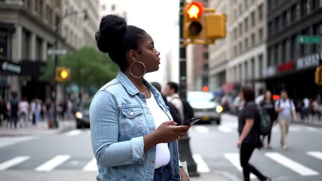 Woman Using Smartphone at City Crosswalk.