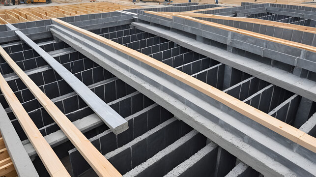Concrete formwork and floor beams on construction site
