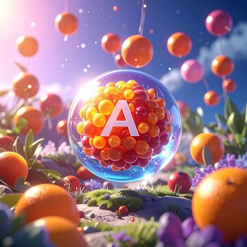 Vitamin A Concept - Vibrant Oranges and Floating Spheres in a Surreal Landscape.
