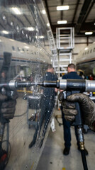 Fototapeta premium Technician using pneumatic riveting tool on metallic aircraft fuselage