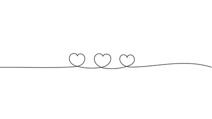 一筆書きのハートの線画。一本の黒い糸が3つの小さなハートを紡ぐデザイン。家族愛や絆、友情を表現したシンボル背景。編集可能なベクター素材