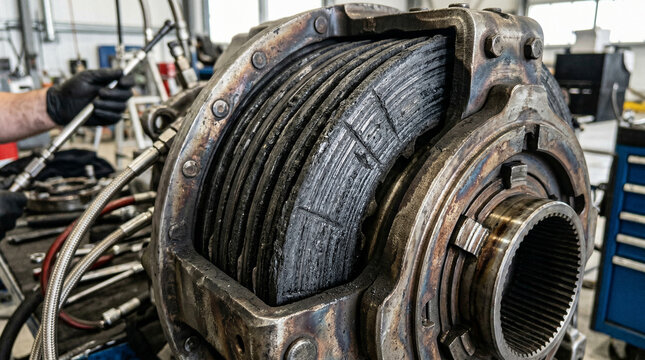 Aircraft carbon brake assembly undergoing maintenance in professional hangar