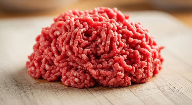 A pile of freshly ground beef with a vibrant red color, ready for making burgers or meatballs.