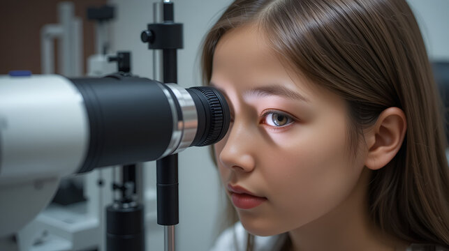 Girl in refractor closing one eye, ophthalmologist appointment, vision check-up