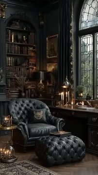 Cozy Victorian study with dark decor, bookshelves, and warm lighting