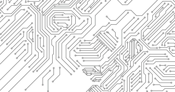 Black electronic circuit board lines and nodes with circles on a white background. Scalable vector format suitable for print and digital media.