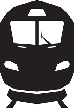A stark black and white graphic depicts the front view of a streamlined locomotive train